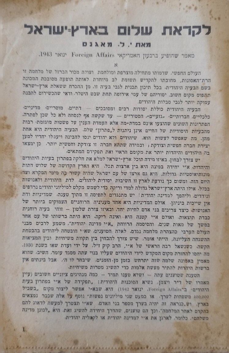 לקראת שלום בארץ ישראל | י.ל.&nbsp;מאגנס